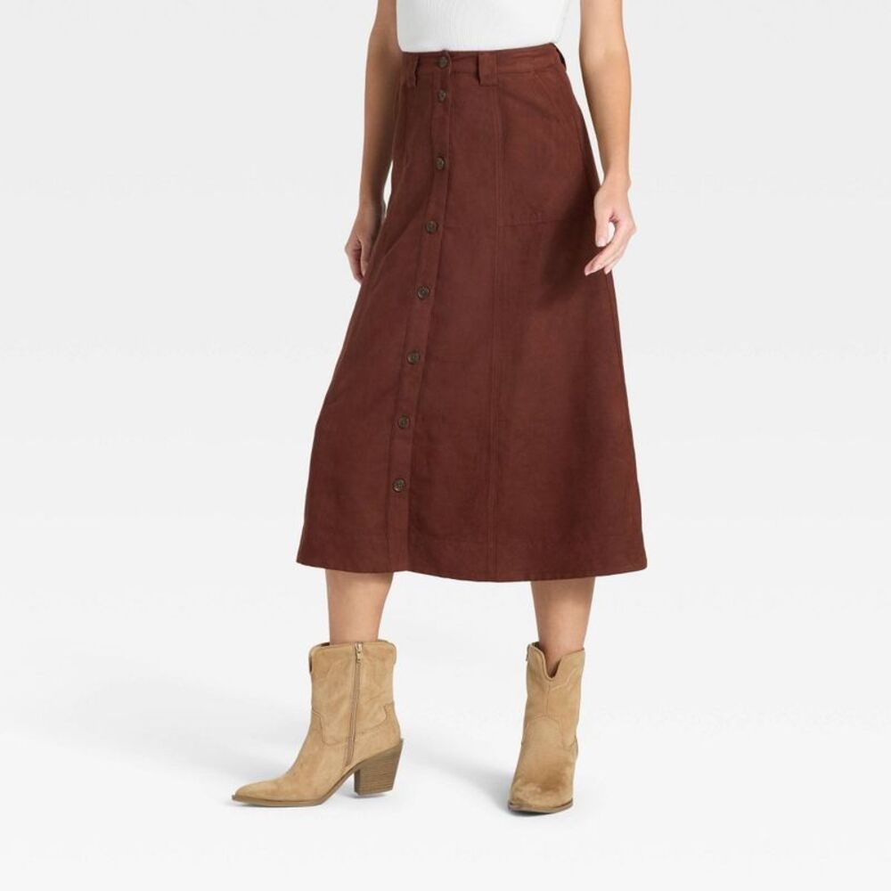 Women's Faux Suede Midi A-Line Skirt - Universal Thread Brown 14